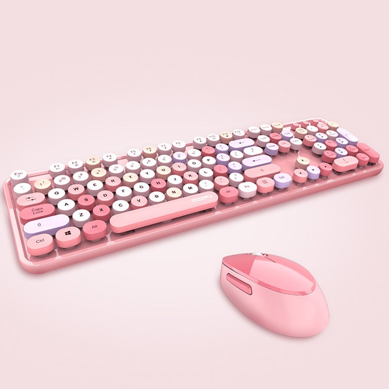 Cordless Mechanical Round Cap Desktop Keyboard And Mouse Set Pink  - Image 3