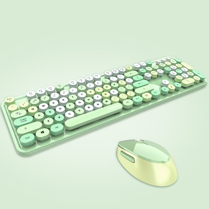 Cordless Mechanical Round Cap Desktop Keyboard And Mouse Set Green  - Image 1