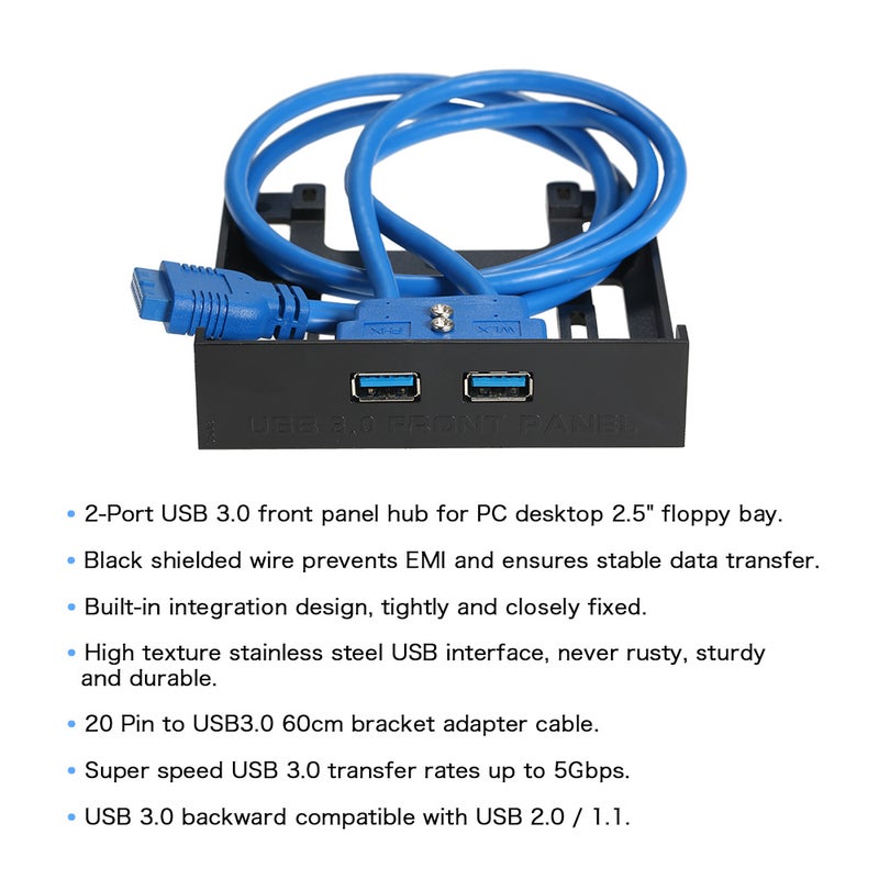 Front Panel Hub 2 Port Expansion Bay 20 Pin to USB 3.0 Adapter Bracket Black