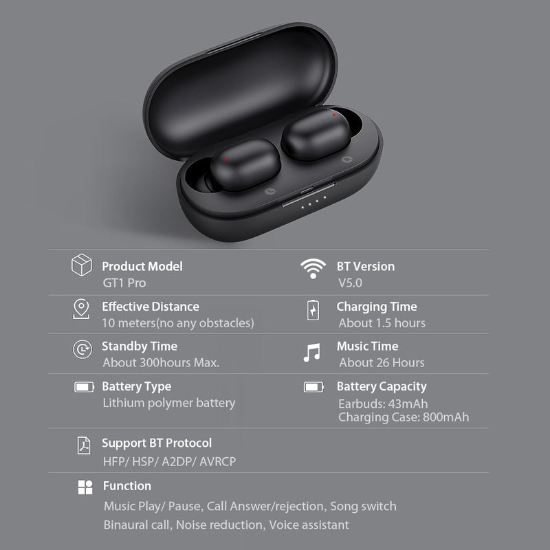 GT1 Pro Fingerprint Touch Wireless Earbuds Black