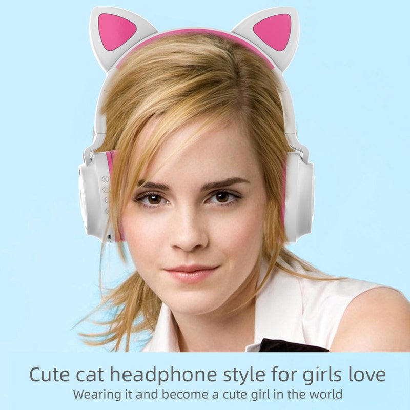 ZW-028 Wireless Glowing Cat Ear On-Ear Headphones White/Pink - Image 2