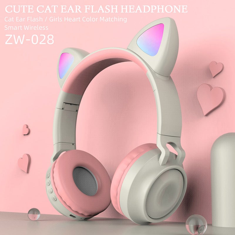 ZW-028 Wireless Glowing Cat Ear On-Ear Headphones Grey/Pink - Image 3