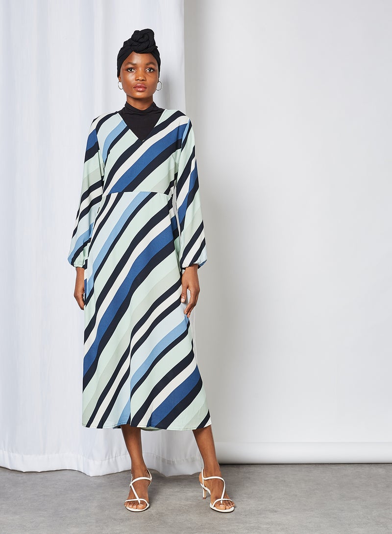 ONLY - Diagonal Stripe V-Neck Dress Aqua Foam - Image 1