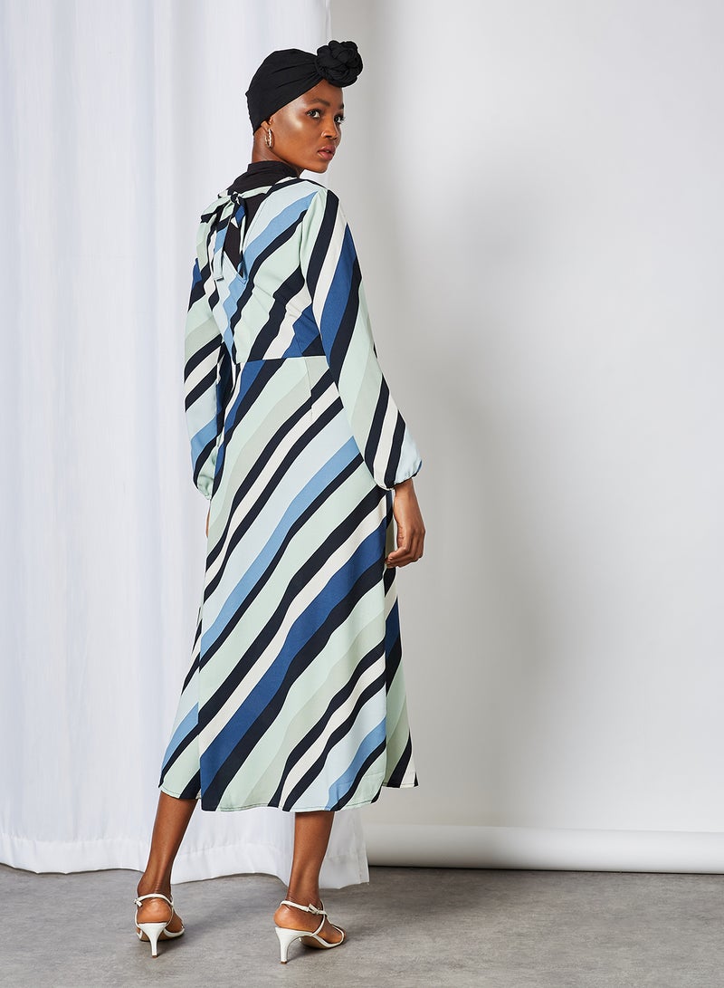 ONLY - Diagonal Stripe V-Neck Dress Aqua Foam - Image 1