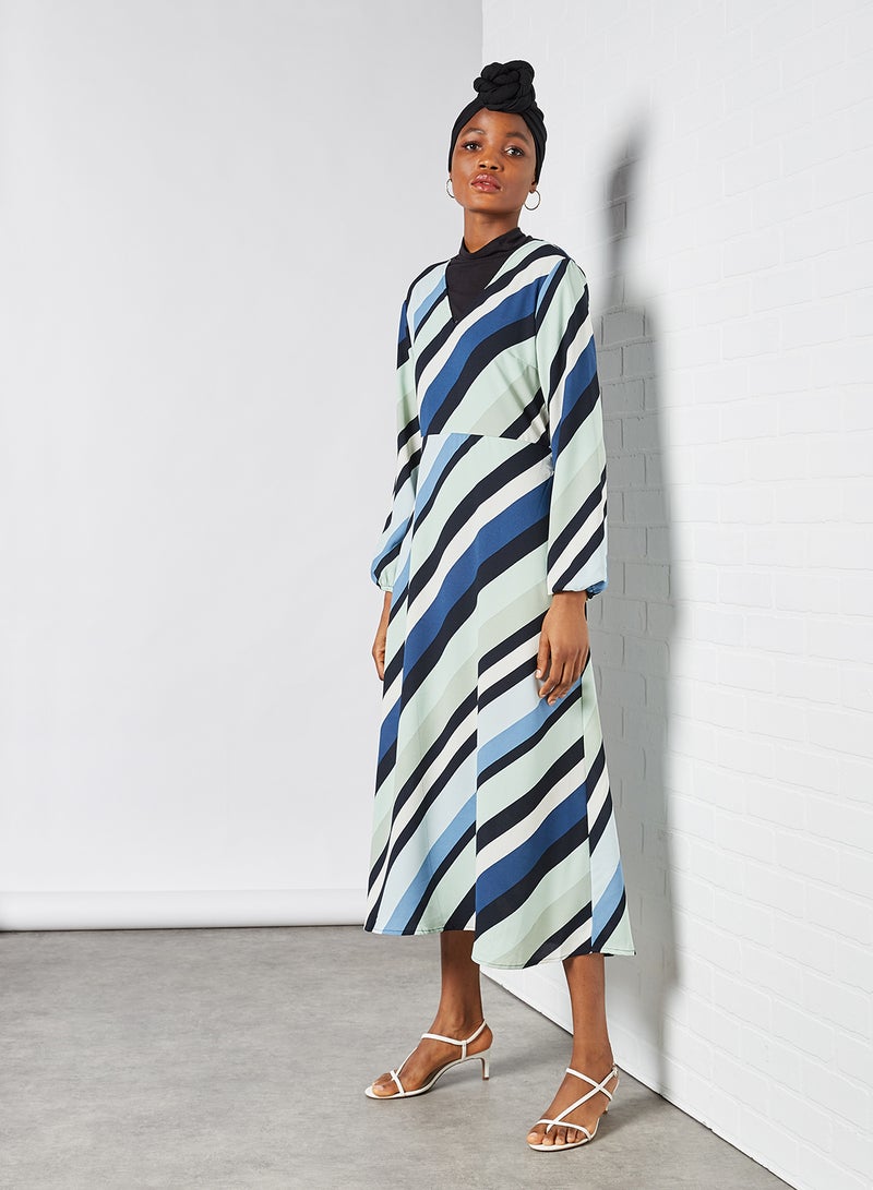 ONLY - Diagonal Stripe V-Neck Dress Aqua Foam - Image 1