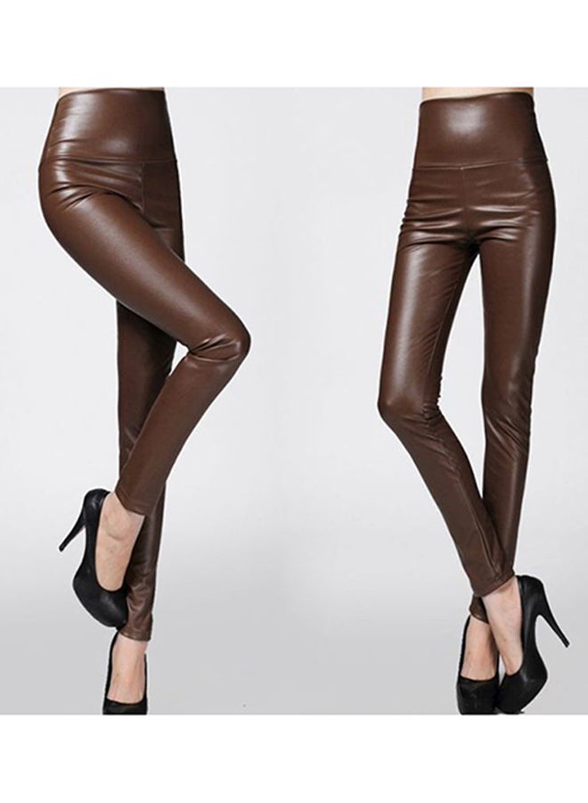 Solid High Waist Leggings Brown - Image 4
