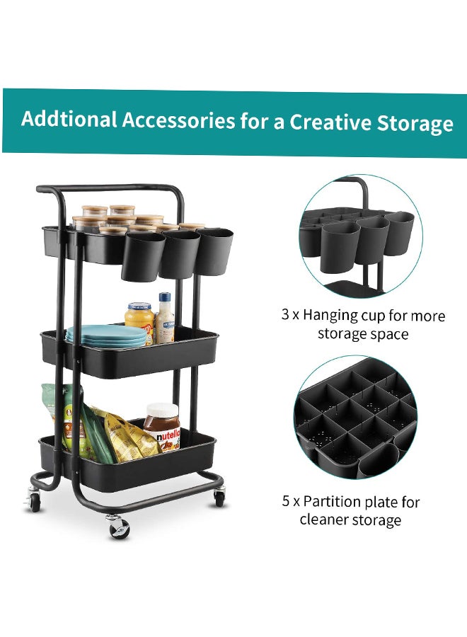 رومان جيفتس عربة تخزين عملية من 3 أرفف مزودة بمقابض وعجلات دوارة قابلة للقفل أسود 43x36x86.5سم - Image 5