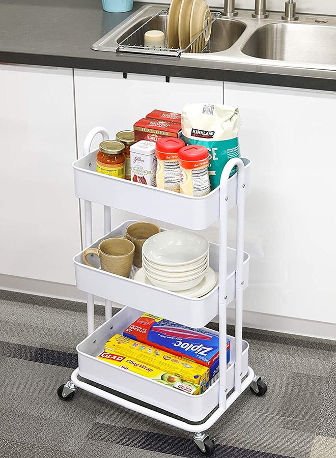 Roman Gifts 3-Tier Multifunctional Kitchen Cart With 2 Dividers And Hanging Bucket Metal Utility Rolling Cart White 43x36x76cm  - Image 4