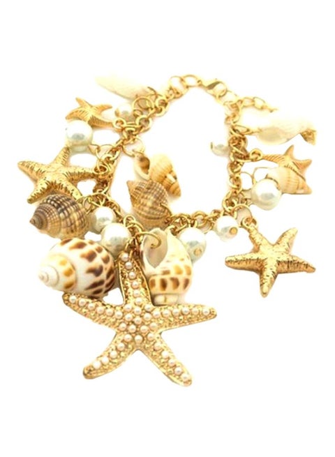 Faux Pearl Starfish And Conch Shell Charm Bracelet