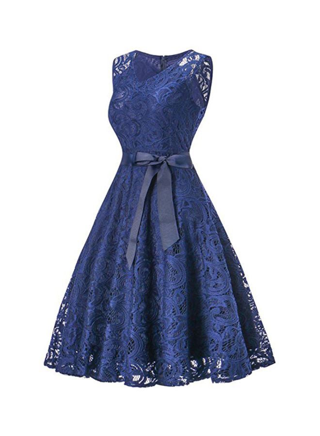 Lace Embroidered A-Line Dress Blue - Image 4