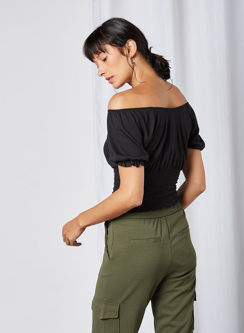 PIECES Shirred Waist Bardot Top Black  - Image 2