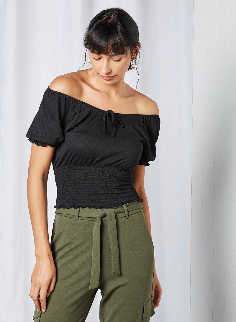 PIECES Shirred Waist Bardot Top Black  - Image 1