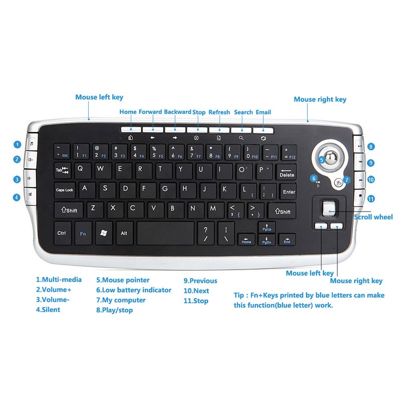 Generic - 2.4GHz Wireless Keyboard with Trackball Mouse Scroll Wheel Remote Control Black - Image 1