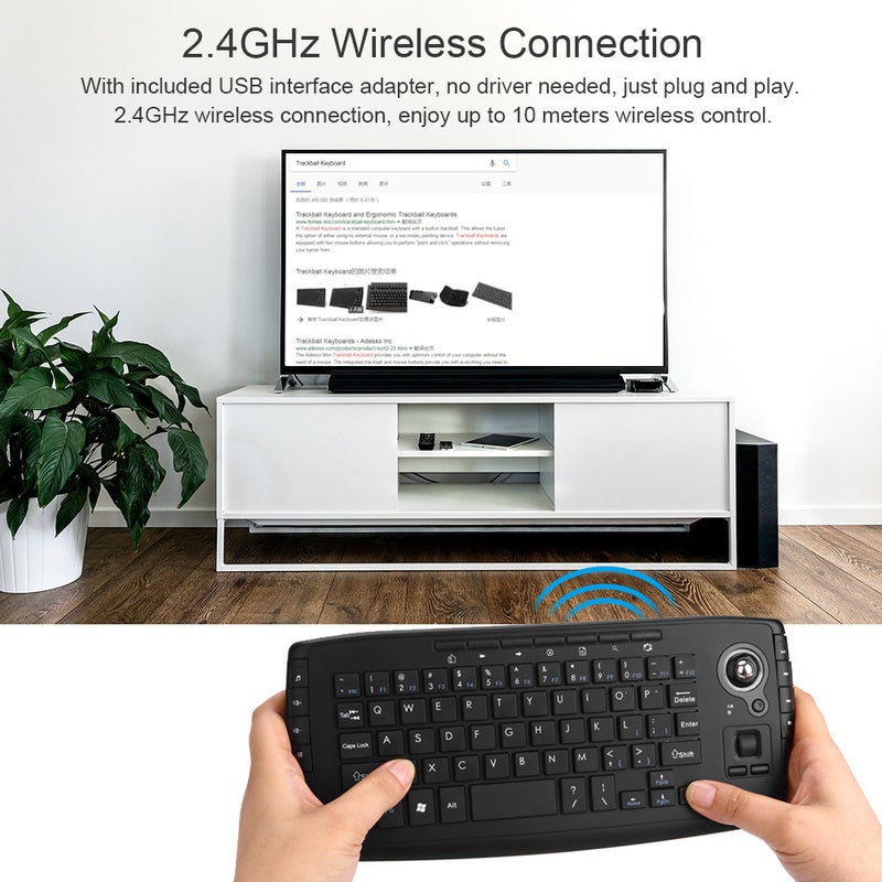 2.4GHz Wireless Keyboard with Trackball Mouse Scroll Wheel Remote Control Black