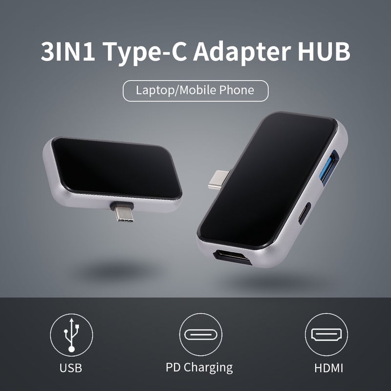 Generic - 3 In 1 Type-C Adapter HUB 4K HDMI USB 3.0 PD Charging Multi-Function Converter Plug & Play Black/Silver - Image 1