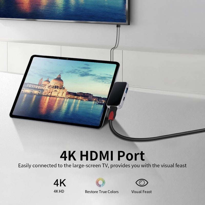 Generic - 3 In 1 Type-C Adapter HUB 4K HDMI USB 3.0 PD Charging Multi-Function Converter Plug & Play Black/Silver - Image 1