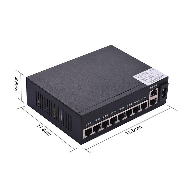 POE Switch 8 Ethernet Port 2 Uplink Ethernet Port Switch Power Adapter Black