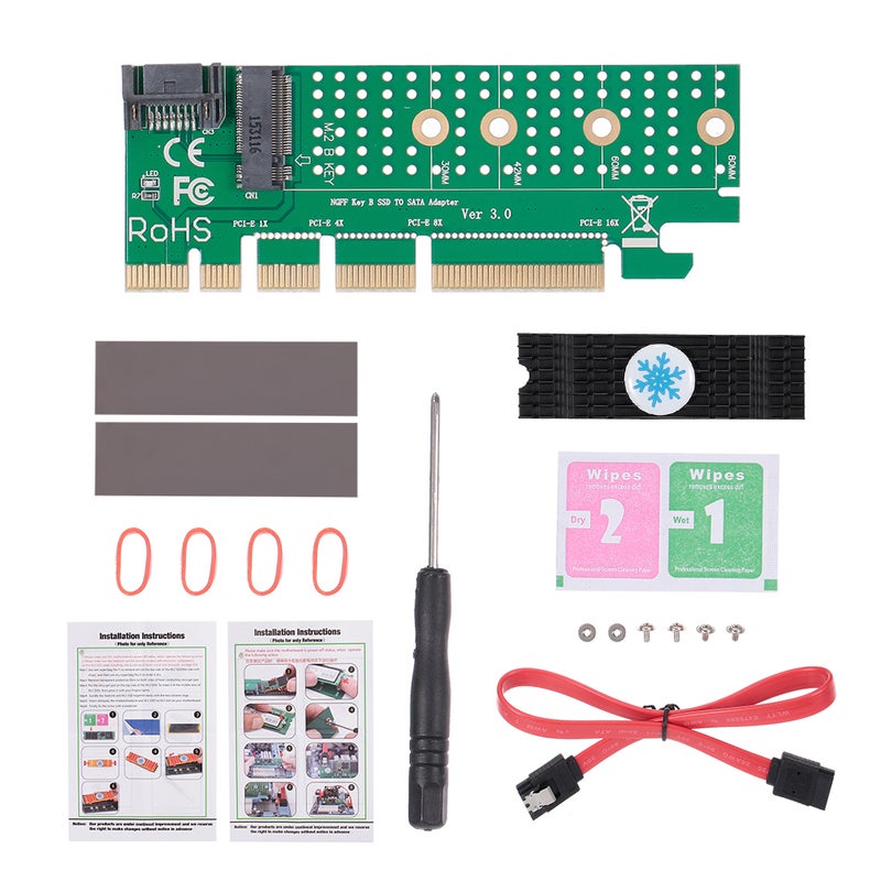 بطاقة محول NGFF M.2 B Key من SATA-BUS SSD إلى SATA3 مع دعم كابل SATA للمشتت الحراري أخضر