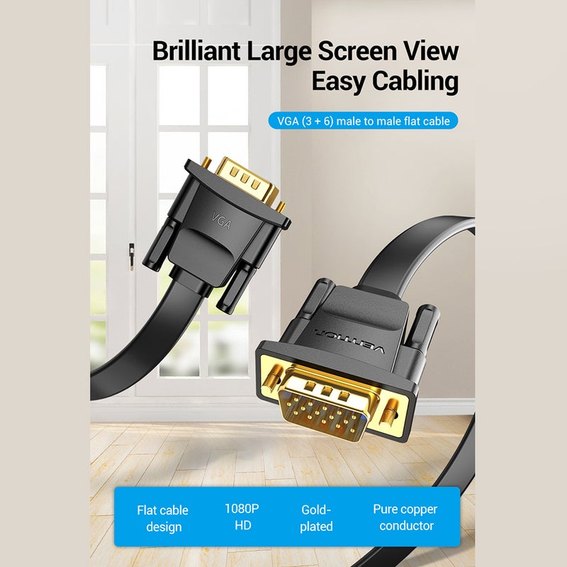 فينشن كابل مسطح Daibj VGA 3+6 ذكر إلى ذكر لشاشة جهاز البروجيكتور أسود - Image 2