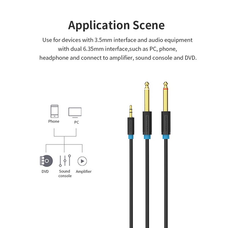 VENTION 3.5 To 6.5mm Dual Audio Cable For Phone Amplifier Speaker Stereo Black/Blue - Image 3