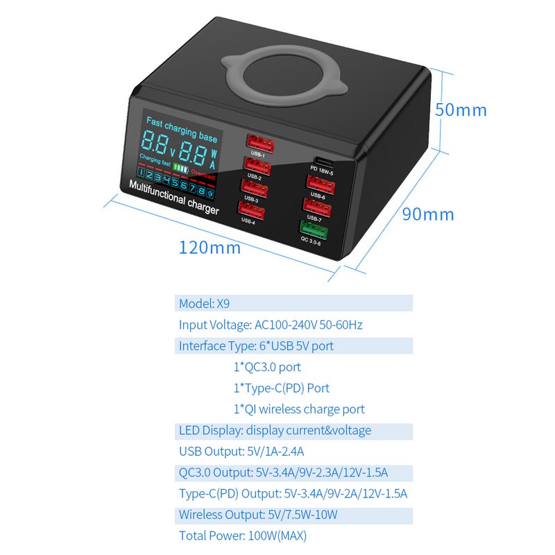 X9 8 Port Wireless USB Quick Port Charge Station Black  - Image 2