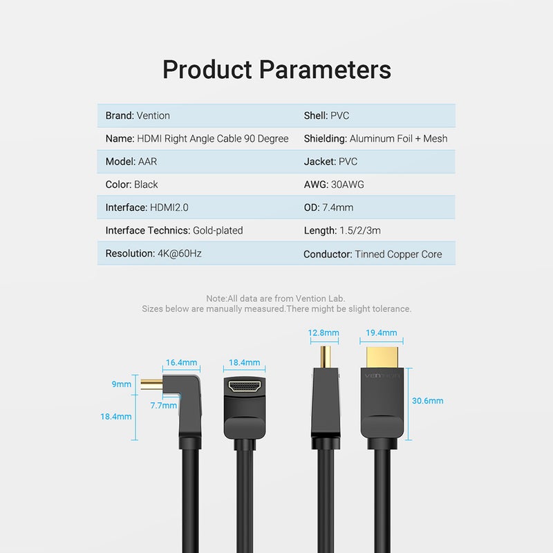 كابل بزاوية يمنى 90 درجة ثلاثي الأبعاد وبتقنية 4K وتغطية HDMI 2.0 أسود - v1601703585/N40861232A_3