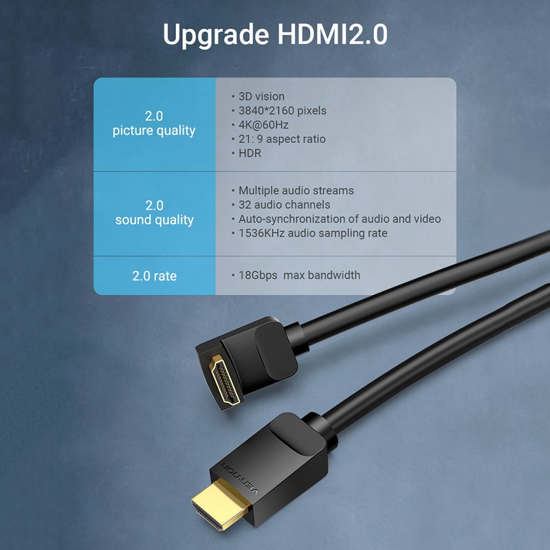 فينشن كابل AAQBI بمنفذ HDMI 2.0 وبزاوية 270 درجة وبدقة 4K وكابل ثلاثي الأبعاد بزاوية قائمة أسود - Image 5