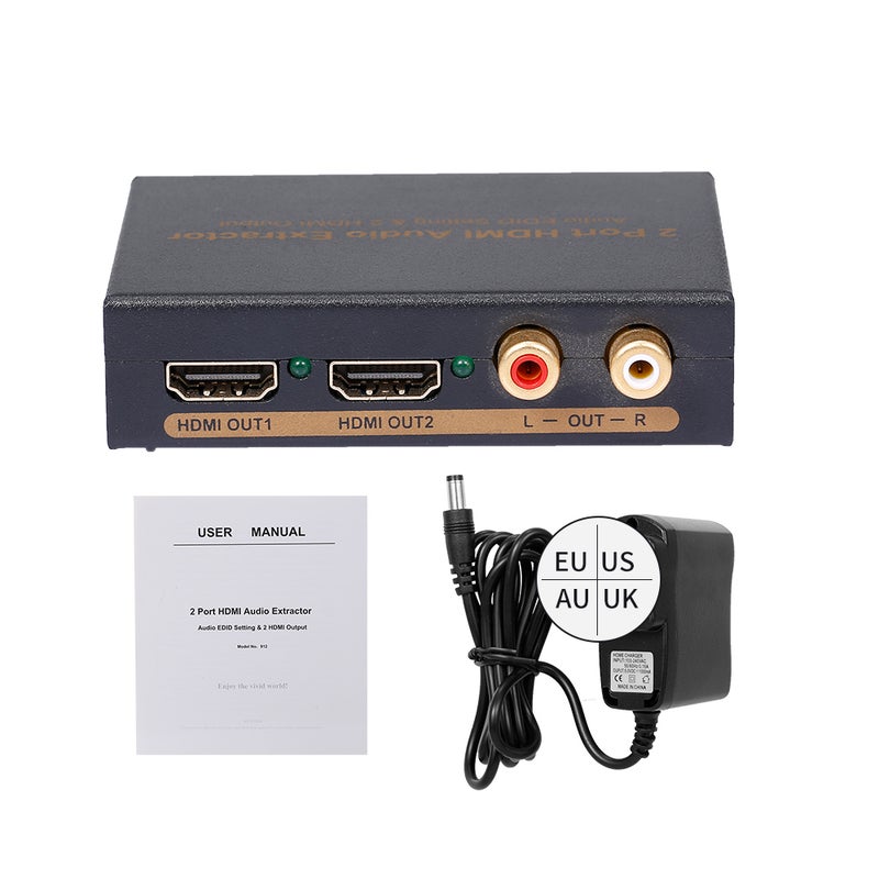 NK-912 2 Port HDMI Splitter Video 2 HDMI Audio Extractor Switcher Output UK Plug Black