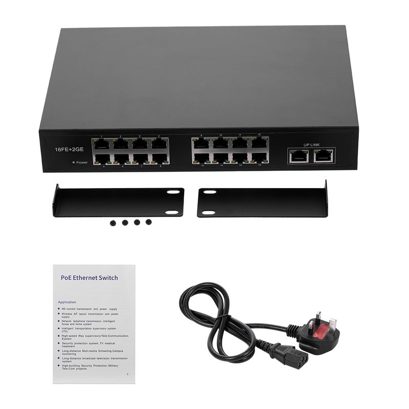 Generic - POE Switch With 16 POE Ports 2 Gigabit POE Switch Power For UK Plug Black - Image 1