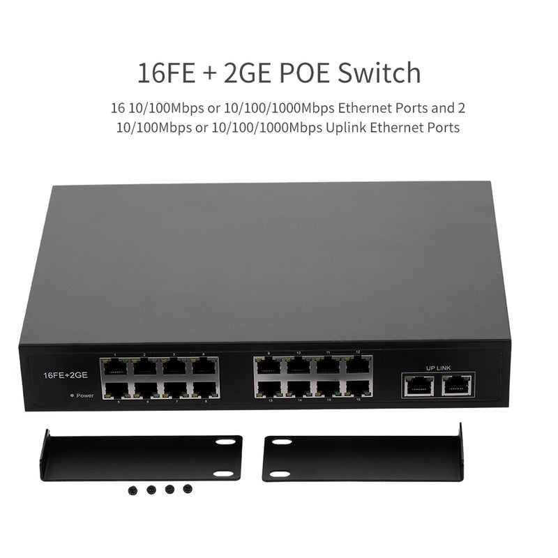 Generic - POE Switch With 16 POE Ports 2 Gigabit POE Switch Power For UK Plug Black - Image 1