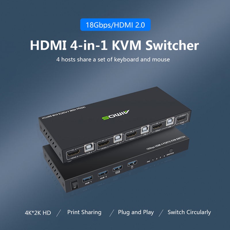 4 Ports HDMI 2.0 4-in-1 KVM Switcher 4K HD Image Quality Keyboard Mouse USB Synchronization Controller Black