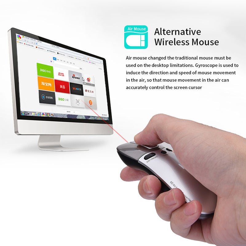 6D Multifunction Air Laser Presenter 2.4G Wireless Presenter Mouse Gyro Sensing Wireless Air Mouse PPT Remote Control Laser Presenter Grey