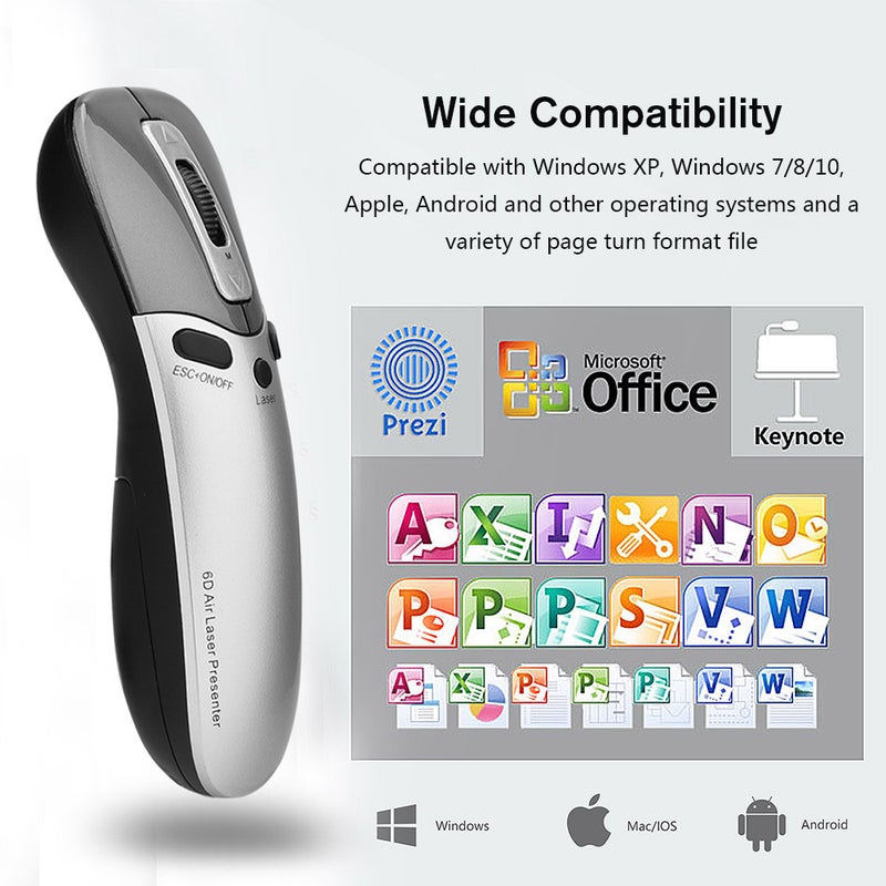 6D Multifunction Air Laser Presenter 2.4G Wireless Presenter Mouse Gyro Sensing Wireless Air Mouse PPT Remote Control Laser Presenter Grey