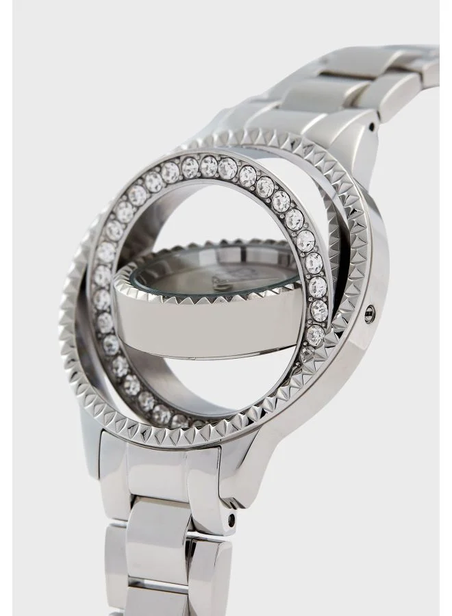 بوليس Women's Women's Pilat Round Shape Stainless Steel Analog Wrist Watch 34 mm - Silver للنساء