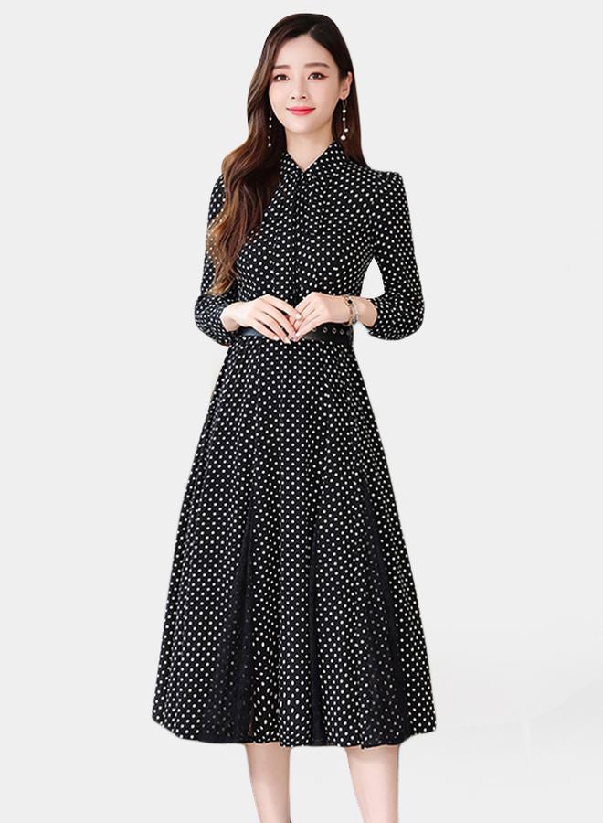 A Line Polka Dot Printed Midi Dress Black/White - Image 1