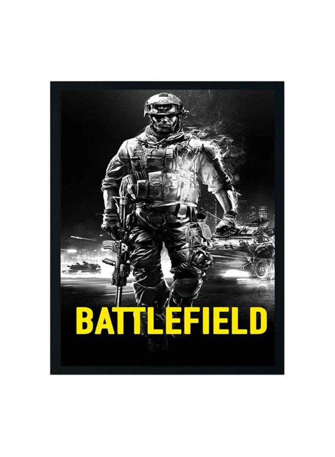 لوحة فنية لديكور الحائط بإطار خشبي برسمة مكتوب عليها كلمة "Battlefield" رمادي/أسود/أصفر 33x22x2سم - Image 1