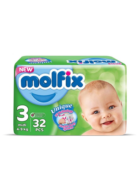 32-Piece Midi Twin Bag 3D Baby Diapers Size 3