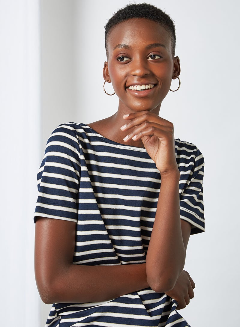 PIECES - Striped T-Shirt Dress Bright White/NAVY/GOLD - Image 1