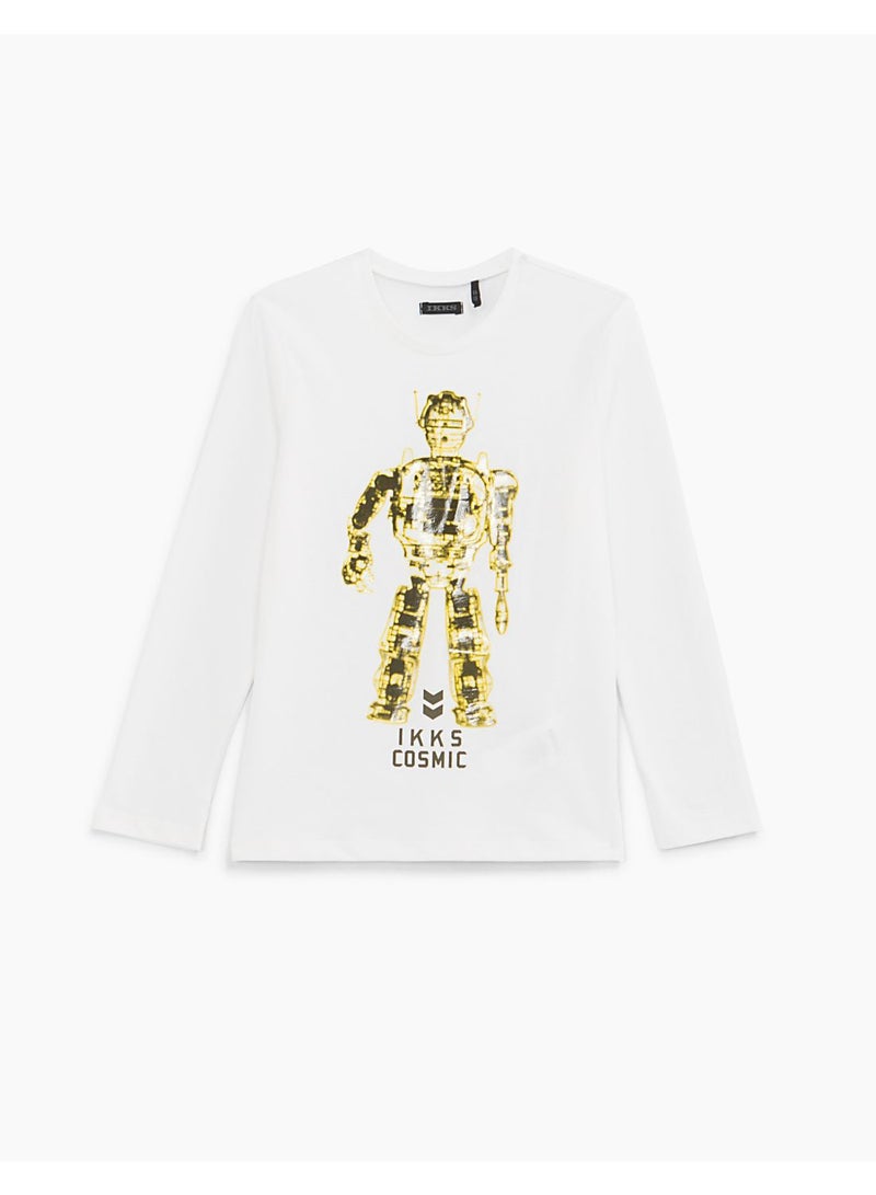 IKKS - Robot Printed Long Sleeve T-Shirt White/Gold - Image 1
