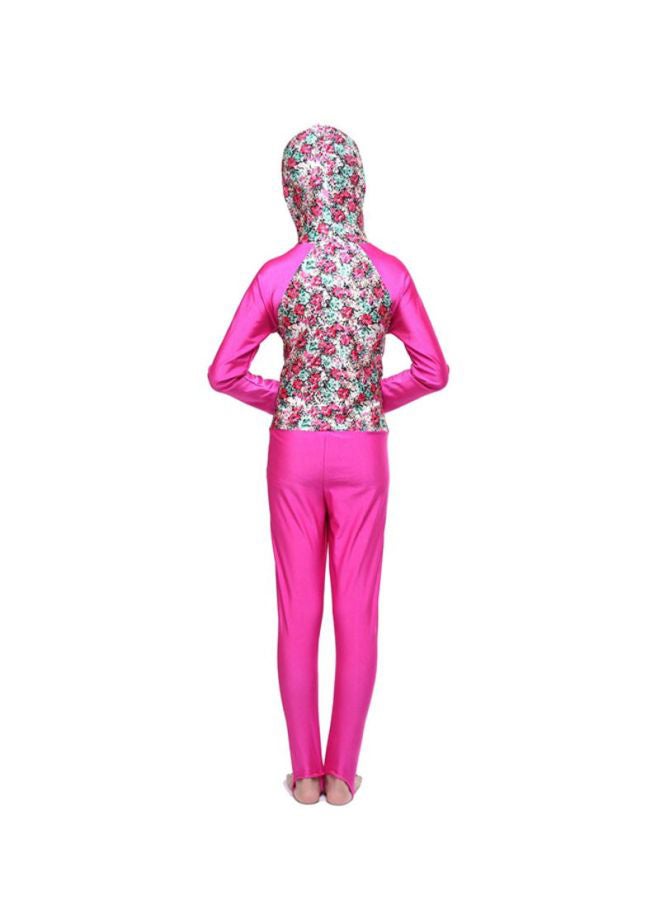 شاربدو طقم بوركيني بقصة عادية ورقبة مزودة بغطاء للرأس وردي/ أبيض/ أخضر - Image 2