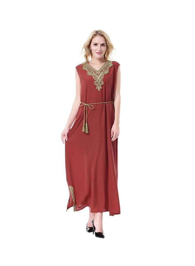 Sharpdo Polyester Maxi Dress Maroon/Gold  - Image 1