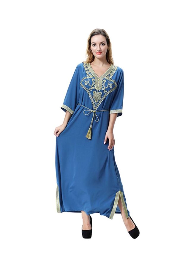 Sharpdo V-Neck Traditional Wool Peach Dress Royal Blue/Yellow - Image 1