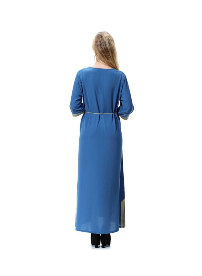 Sharpdo V-Neck Traditional Wool Peach Dress Royal Blue/Yellow - Image 2