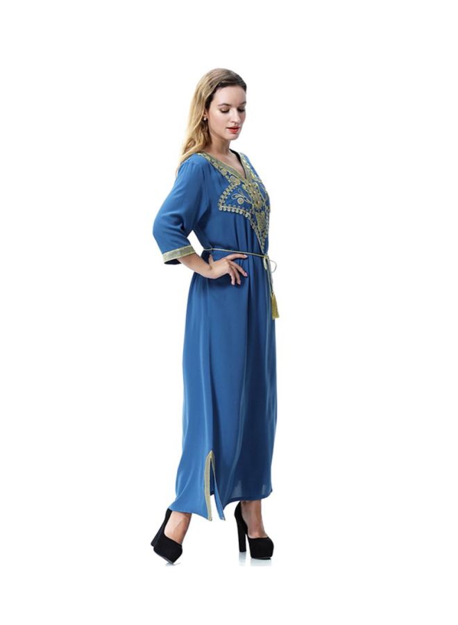 Sharpdo V-Neck Traditional Wool Peach Dress Royal Blue/Yellow - Image 3