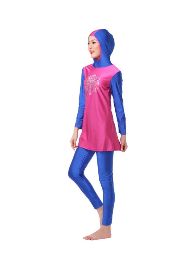 شاربدو طقم بوركيني من النايلون برقبة مزودة بغطاء رأس أزرق وردي  - Image 3