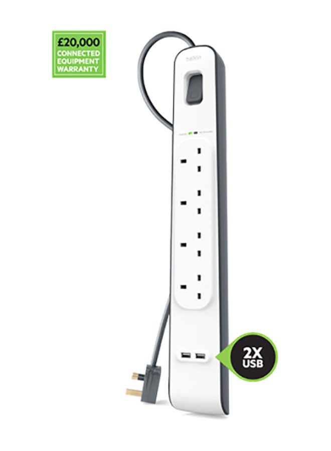 belkin 4-Outlet Surge Protection Strip With 2 USB Port White/Grey  - Image 3