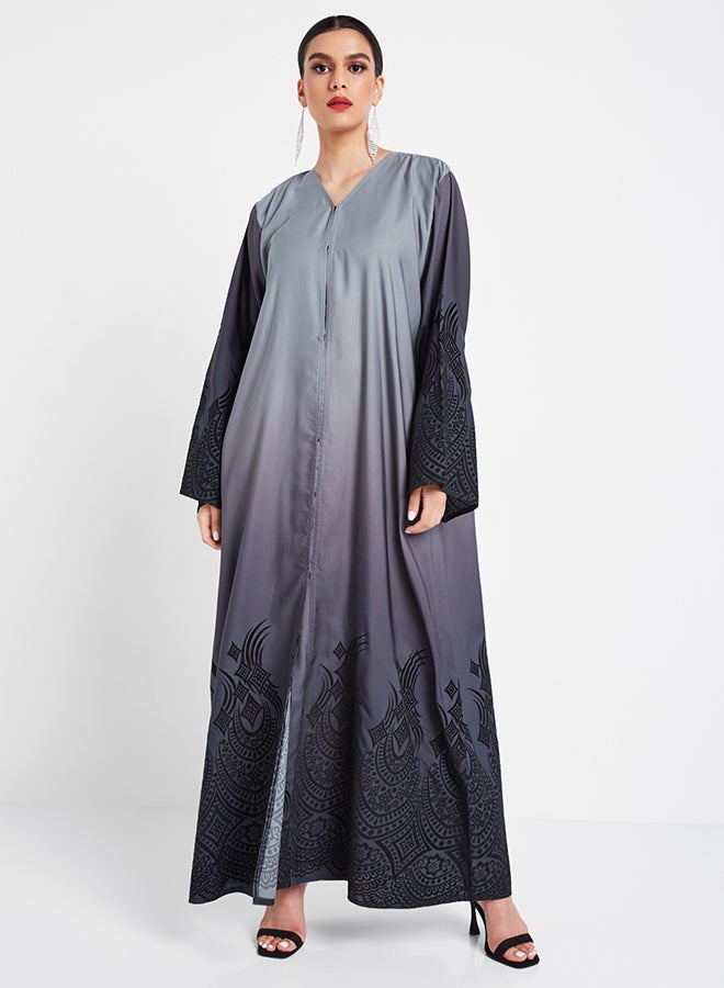 Bousni Applique V-Neck Abaya Grey/Black - Image 1