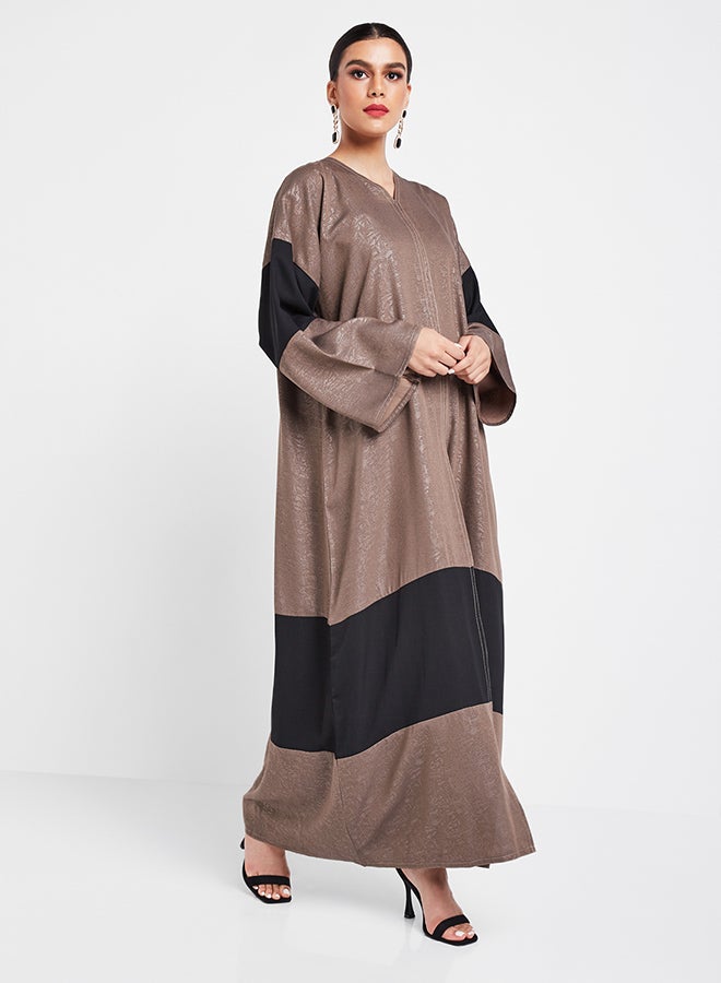 Bousni Self Print Design Casual Abaya Brown/Black  - Image 1