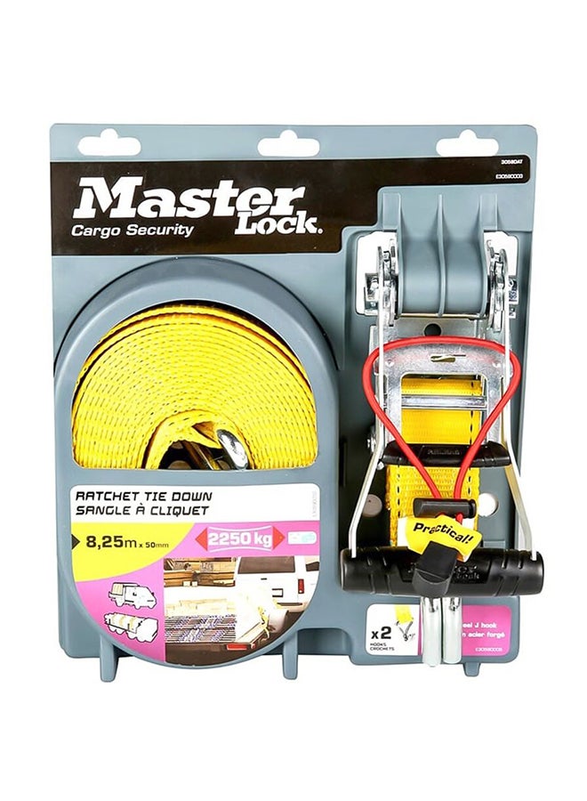 Master Lock Ratchet Tie Down With J-Hooks Yellow/Black 825cm - Image 1