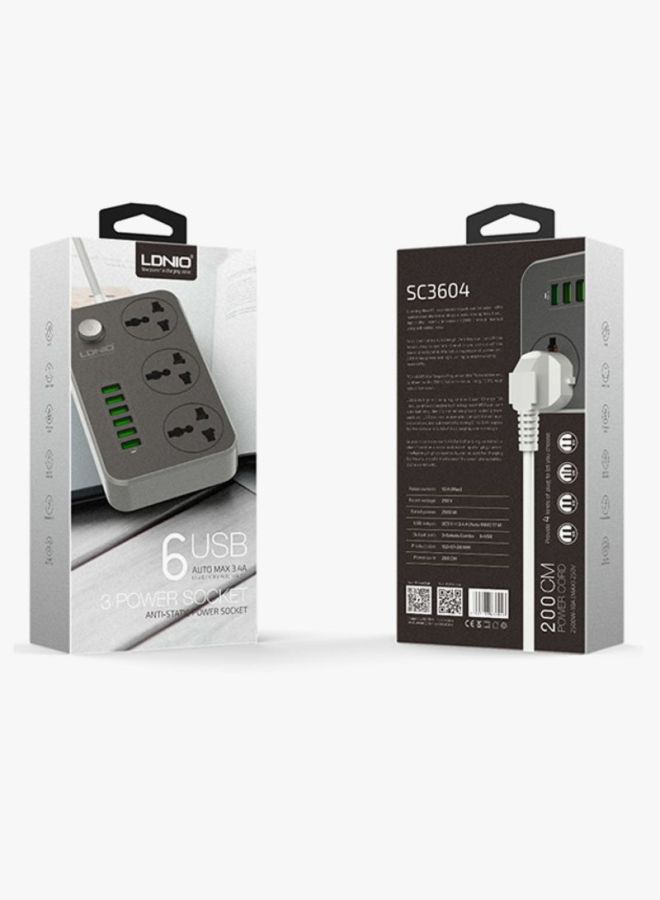 LDNIO - 3-Power Socket And 6-Port USB Adapter Grey 162 x 97 x 38mm - Image 1